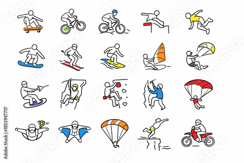 a collection of simple pictograms (stickman-style icons) illustrating various extreme sports.