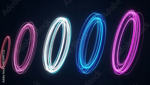 Group of colorful neon light circles on dark background