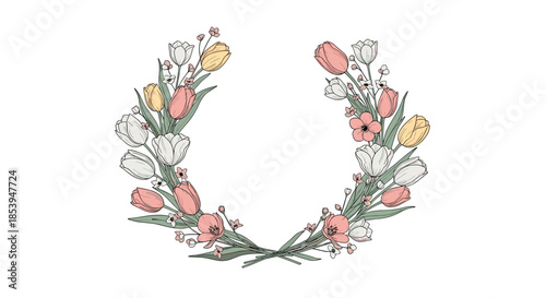 Elegant hand-drawn wreath made of colorful spring tulips and other small flowers creating a beautiful semicircular frame.