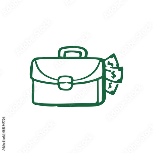 A briefcase with money spilling from it in a simple green line drawing