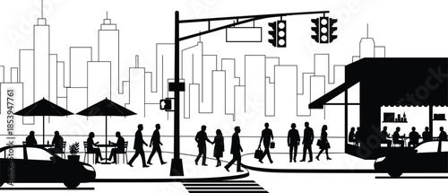 Urban street city silhouette with pedestrians traffic cafe crosswalk skyline modern lifestyle scene cad drawing flat vector illustration