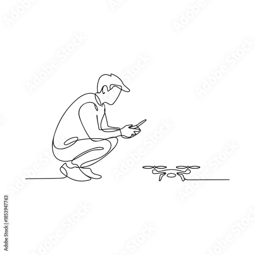 Man operating a drone with a smartphone in a continuous line drawing style