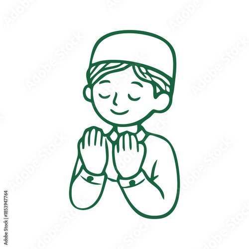 Green outline illustration of a person praying with closed eyes, wearing a cap