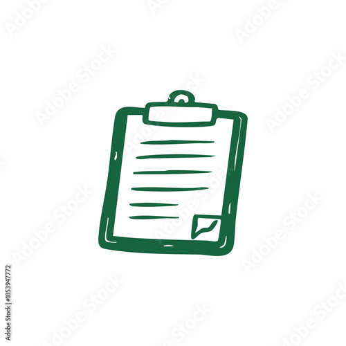 Green clipboard illustration with lines of text and a check mark, on a white background