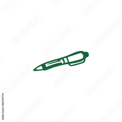 A dark green, stylized pen with rounded ends, against a white background