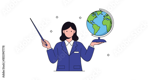 Illustration of a female teacher in a suit holding a world globe and a pointer for a geography or travel lesson.