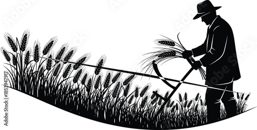 wheat harvest, farmer silhouette, scythe cutting, rural field, traditional farming, black and white, agriculture scene, grain stalks, manual labor, countryside work, vintage farming, crop gathering, o