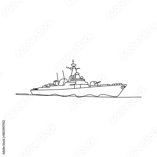 Simple line drawing of a naval warship sailing on the water