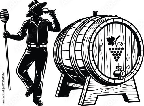 Wine tasting scene, traditional winemaking, wooden barrel, vineyard tools, rural lifestyle, black and white vector, cad drawing flat vector illustration