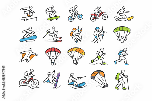 A set of minimalist colored line art style icons dedicated to extreme and adventure sports in the open air.