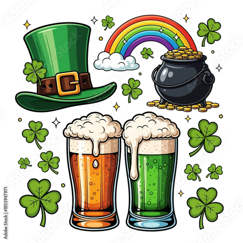 St Patrick’s Day holiday background with a green shamrock leaf and a leprechaun hat featuring a gold coin pot and a beer mug glass vector illustration symbol of Irish luck in Ireland