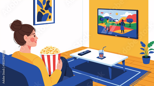 Young woman relaxes on sofa, watching television and eating popcorn, enjoying a cozy evening of home entertainment and comfort