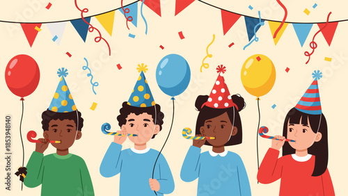 Joyful diverse children celebrate a birthday party with balloons, confetti, and vibrant festive decorations, creating a happy and inclusive childhood event illustration concept