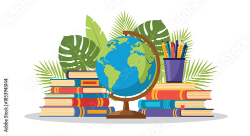 Educational concept illustration with a world globe stacks of books pencils and tropical leaves on a white background.
