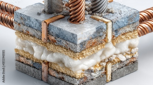 Architectural cross-section, showing layers of materials and embedded cabling