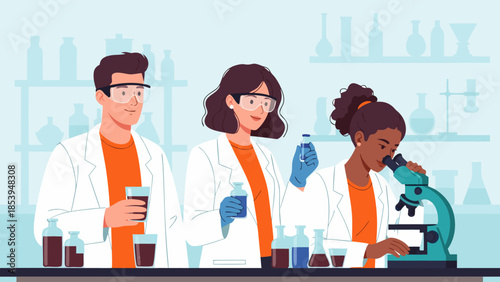 Three professional scientists actively engaging in research and performing experiments within a modern laboratory, fostering innovation and teamwork