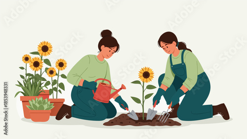 Joyful women planting vibrant sunflowers and diverse potted plants in a blooming garden, collaborating on a rewarding outdoor spring hobby