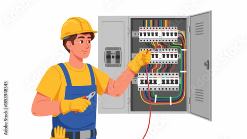 Professional electrician performing complex wiring and maintenance tasks on a fuse box panel, depicted in a clear vector illustration