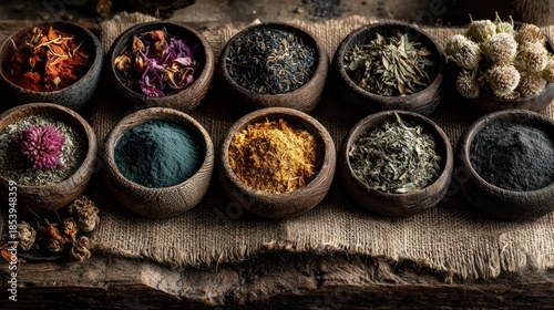 Variety of herbs and spices in wooden bowls on a textured surface