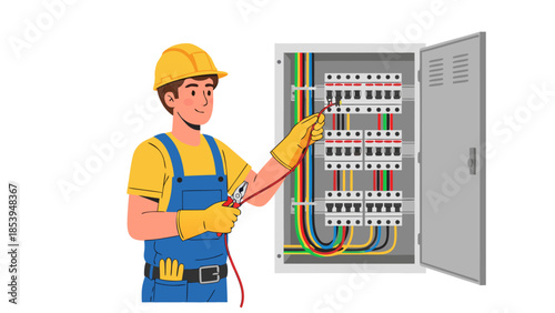 Skilled electrician in safety helmet and gloves meticulously works on an electrical distribution board, ensuring safe wiring and power system integrity
