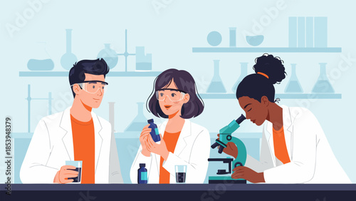 Diverse team of scientists collaborating in a modern laboratory, conducting experiments and making new discoveries through dedicated research and analysis