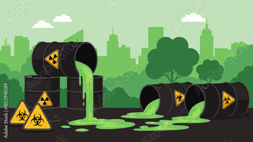 Vector illustration showing hazardous green liquid pouring from industrial waste barrels, symbolizing severe urban environmental contamination and ecological damage