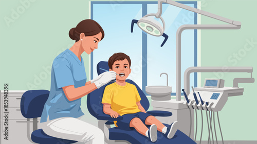Experienced dentist providing a thorough dental check-up for a young boy in a clinic, emphasizing gentle pediatric oral health care