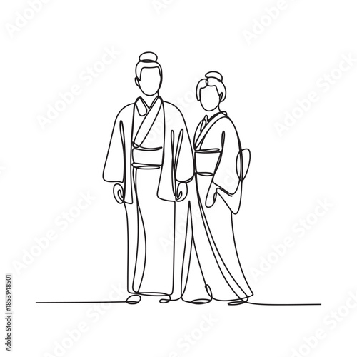 Elegant continuous line drawing of a traditional japanese couple in kimono