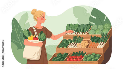 Young Woman Thoughtfully Selecting Vibrant Organic Produce in a Modern Grocery Store, Embracing a Healthy and Sustainable Lifestyle