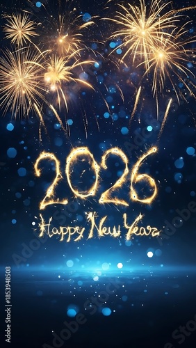 Sparkling golden fireworks celebrating new year 2026 with bokeh sky