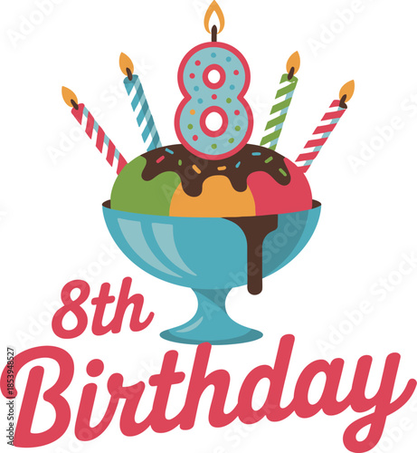 Colorful 8th birthday celebration with ice cream sundae