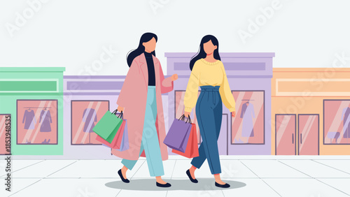 Two stylish women enjoying a leisurely shopping day, walking past a row of modern city shops and showcasing their fashion purchases