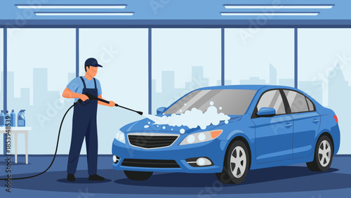 Professional worker thoroughly washing a blue car with pressure washer and foamy soap inside a modern, clean indoor car wash facility