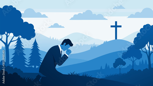 Man Kneeling in Solemn Prayer Before a Distant Cross on a Peaceful Hilltop Landscape, Symbolizing Faith and Hope and Spiritual Devotion