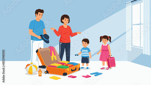 Overwhelmed family struggling with too much luggage before a vacation, stressing about packing for a trip abroad