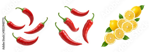 A vibrant arrangement of chili peppers and sliced lemons