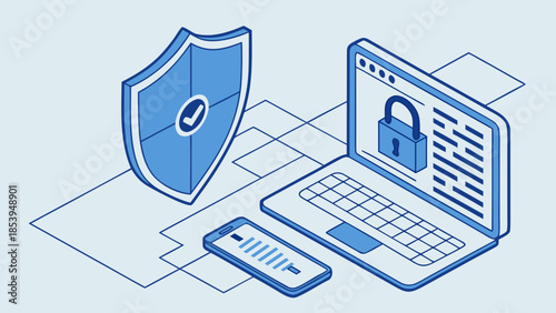 Digital security concept illustration showing a laptop screen with network communication data and online protection icon
