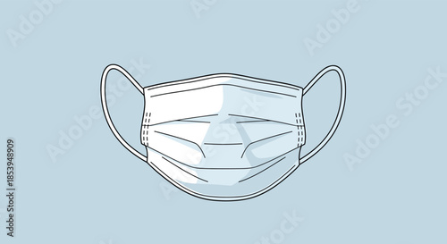 Simple line drawing of a disposable white medical face mask on a light blue background for health and safety concepts.