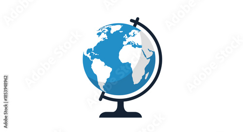 Simple flat design icon of a world globe showing the continents of Africa and Europe on a dark stand.