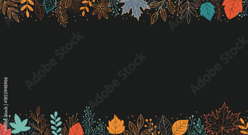 Autumnal background with a border of colorful hand-drawn leaves and branches on a dark grey canvas for text.