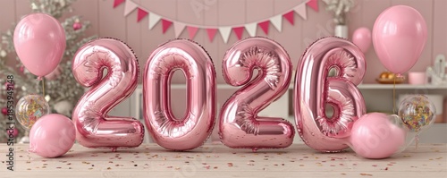 Pastel pink 2026 balloon numbers with party decor and balloons for celebration