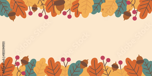 Beautiful autumn foliage and acorns create a festive border design on a warm light colored background