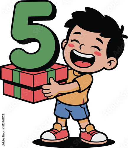 Happy little boy excitedly holding a gift on his fifth birthday