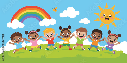Cheerful diverse children happily running together on green grass with a vibrant rainbow and sunny sky