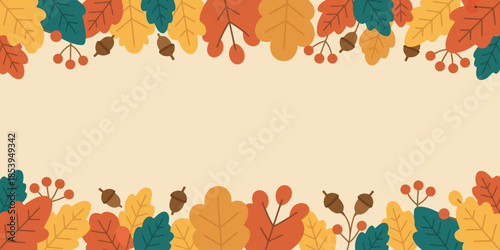 Colorful autumn leaves and acorns form a decorative border on a warm peach background