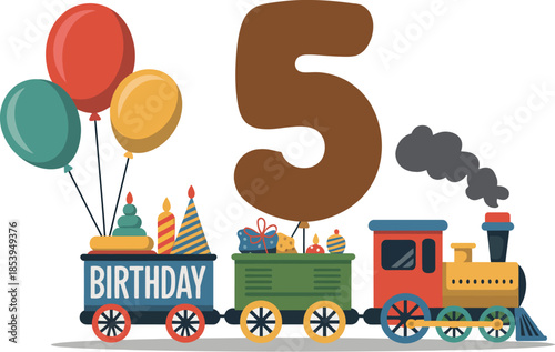 Vibrant birthday train with balloons and gifts