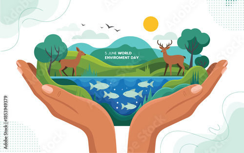 Cupped hands delicately hold a vibrant mini ecosystem with deer, fish, trees, and a shining sun