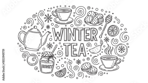 Whimsical hand-drawn illustration of winter tea elements including a teapot, cups, cookies, honey, citrus slices, snowflakes, and swirls on a white background.