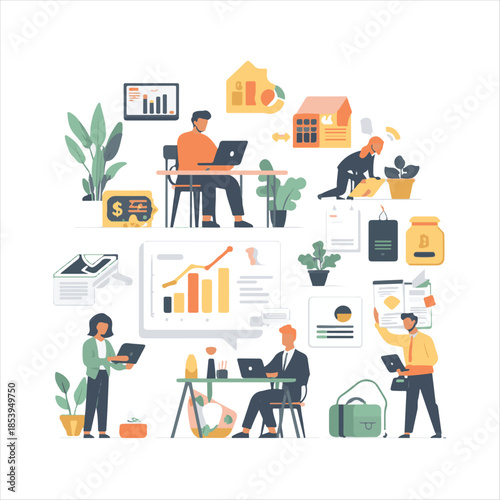 Business People Daily Routine Vector Illustration,Office Teamwork and Workday Activities Vector,Flat Design Business People Working Concept,Modern Office Life and Team Collaboration Vector.