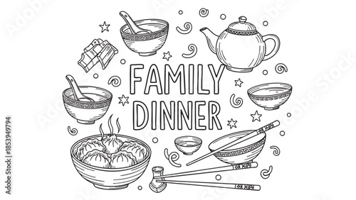 Family Dinner Asian Food Illustration